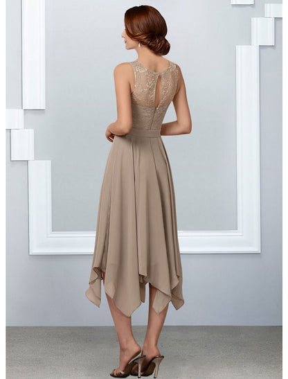 A-Line Mother of the Bride Dress Elegant Jewel Neck Tea Length Chiffon Lace Half Sleeve with Pleats