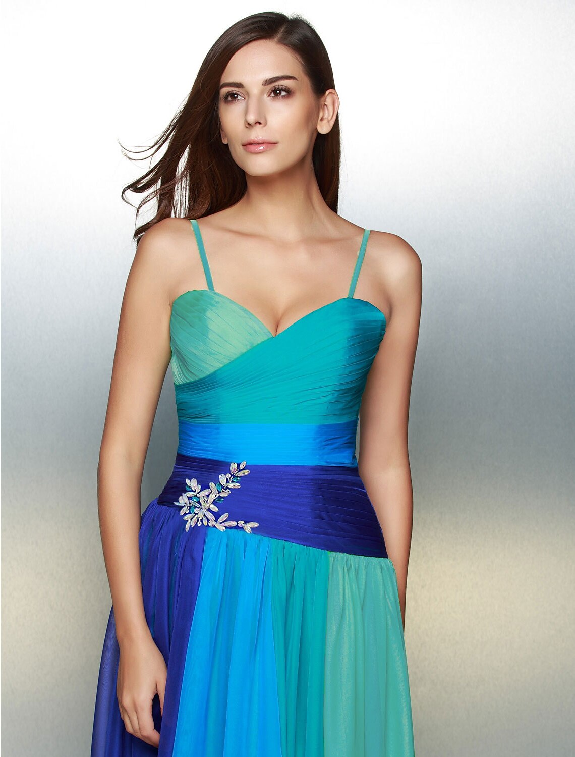 A-Line Color Block Dress Wedding Guest Floor Length Sleeveless Sweetheart Chiffon Backless with Ruched Crystals