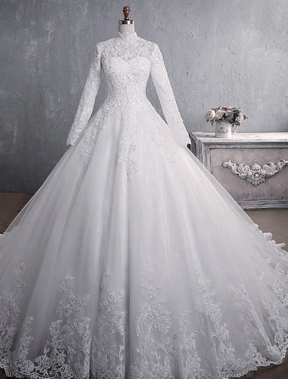 Engagement Formal Fall Wedding Dresses Ball Gown High Neck Long Sleeve Court Train Lace Church Bridal Gowns With Appliques