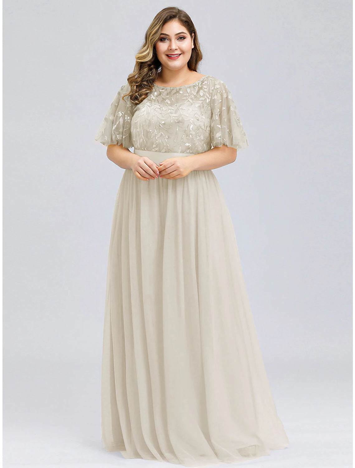 A-Line Prom Dresses Plus Size Dress Wedding Guest Floor Length Short Sleeve Jewel Neck Chiffon with Appliques