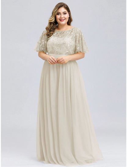 A-Line Prom Dresses Plus Size Dress Wedding Guest Floor Length Short Sleeve Jewel Neck Chiffon with Appliques