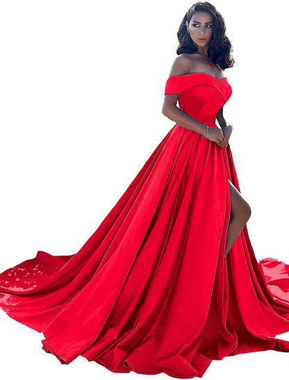 A-Line Minimalist Sexy Prom Formal Evening Dress Off Shoulder Sleeveless Chapel Train Satin with Split Front