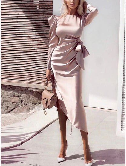 Sheath / Column Cocktail Dresses Party Dress Party Wear Prom Asymmetrical Long Sleeve Jewel Neck Fall Wedding Guest Charmeuse with Draping Pure Color