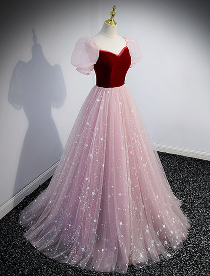 A-Line Prom Dresses Princess Dress Prom Floor Length Short Sleeve Sweetheart Tulle with Sequin