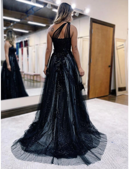 A-Line Prom Dresses Color Block Dress Formal Sweep / Brush Train Sleeveless One Shoulder Tulle Backless with Pleats Appliques