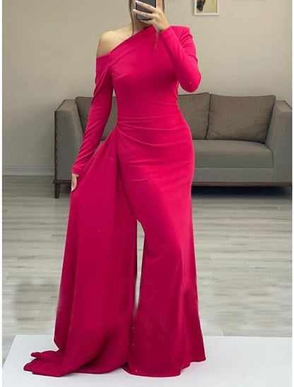 Sheath / Column Evening Gown Elegant Dress Formal Evening Floor Length Long Sleeve One Shoulder Fall Wedding Guest Stretch Fabric with Sleek Ruched