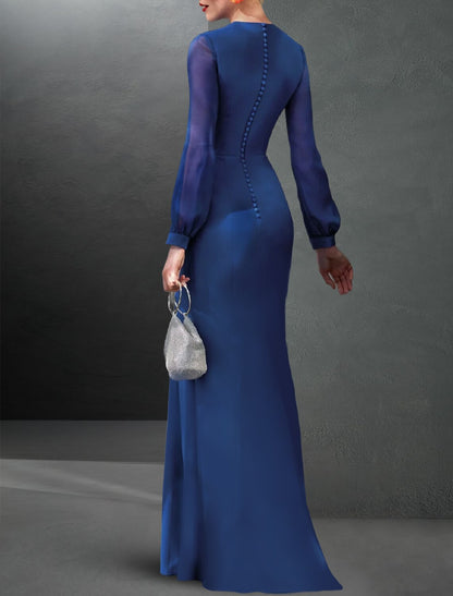 A-Line Evening Gown Elegant Dress Formal Wedding Guest Floor Length Long Sleeve Jewel Neck Stretch Chiffon with Ruched Slit