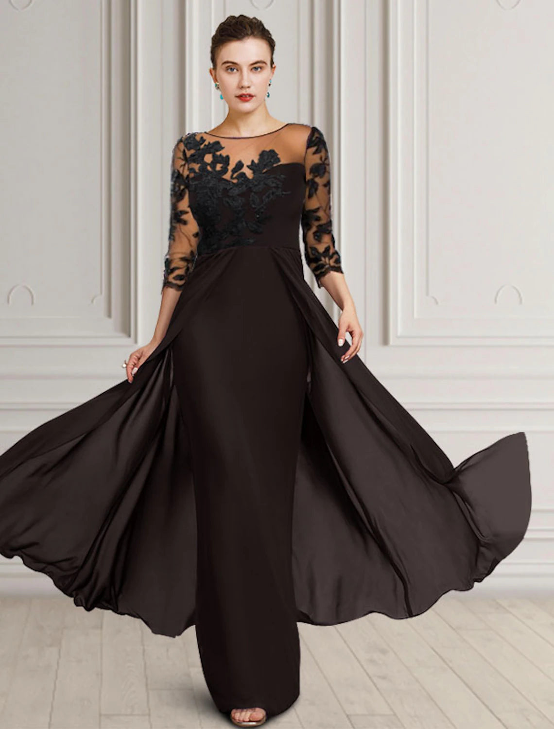 Sheath / Column Mother of the Bride Dress Elegant Jewel Neck Floor Length Chiffon Lace 3/4 Length Sleeve with Appliques