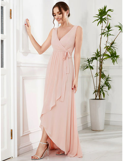 A-Line Wedding Guest Dresses Elegant Dress Party Wear Asymmetrical Sleeveless Spaghetti Strap Chiffon with Ruffles Slit