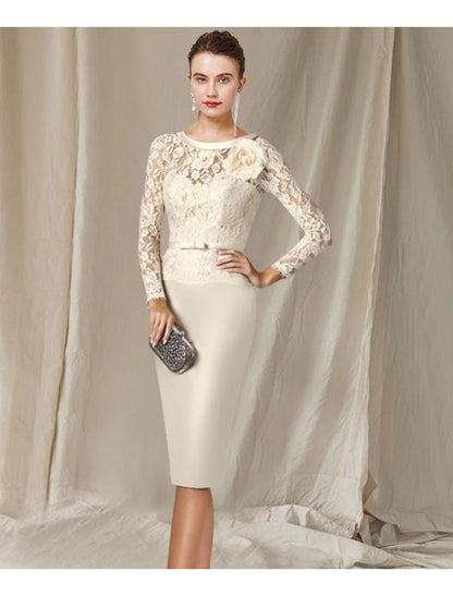 Sheath / Column Mother of the Bride Dress Elegant Jewel Neck Knee Length Satin Lace 3/4 Length Sleeve with Bow(s) Flower