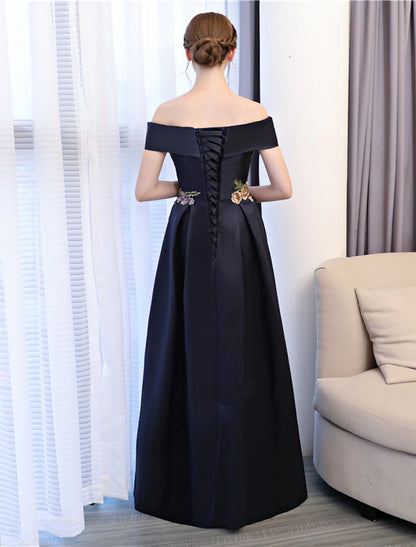 A-Line Floral Dress Wedding Guest Floor Length Sleeveless Off Shoulder Satin with Embroidery Appliques