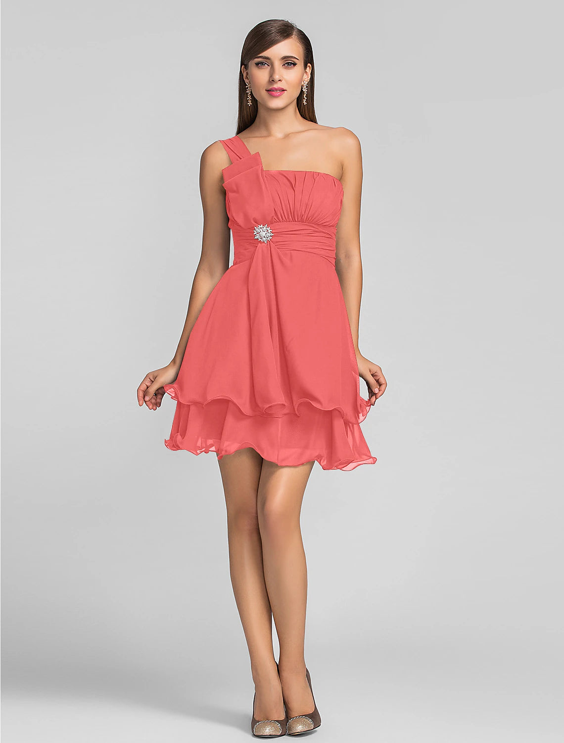 A-Line Minimalist Cute Dress Homecoming Cocktail Party Short / Mini One Shoulder Sleeveless Chiffon with Ruched Draping Crystal Brooch