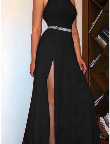 A-Line Evening Gown Elegant Dress Formal Sweep / Brush Train Black Dress Sleeveless High Neck Stretch Fabric with Pleats Crystals Slit