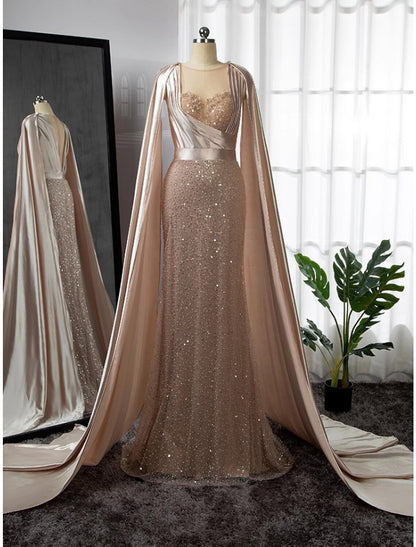 A-Line Evening Gown Elegant Dress Formal Court Train Long Sleeve Illusion Neck Stretch Satin with Pleats Ruched Beading