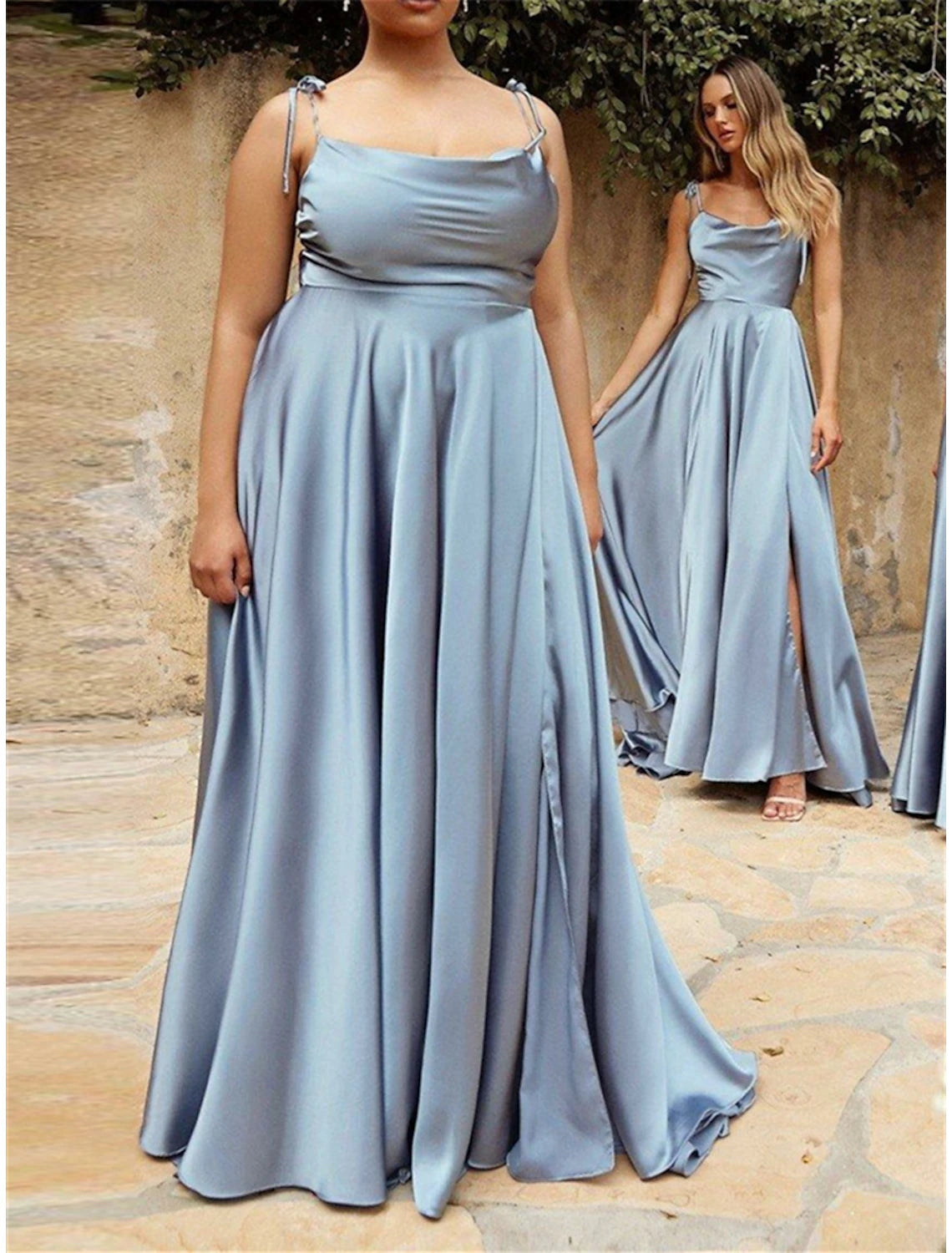 A-Line Bridesmaid Dress Spaghetti Strap Sleeveless Furcal Court Train Chiffon / Satin with Split Front / Ruching