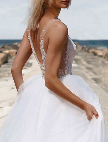 Beach Open Back Boho Wedding Dresses A-Line Sweetheart Sleeveless Court Train Tulle Bridal Gowns With Solid Color