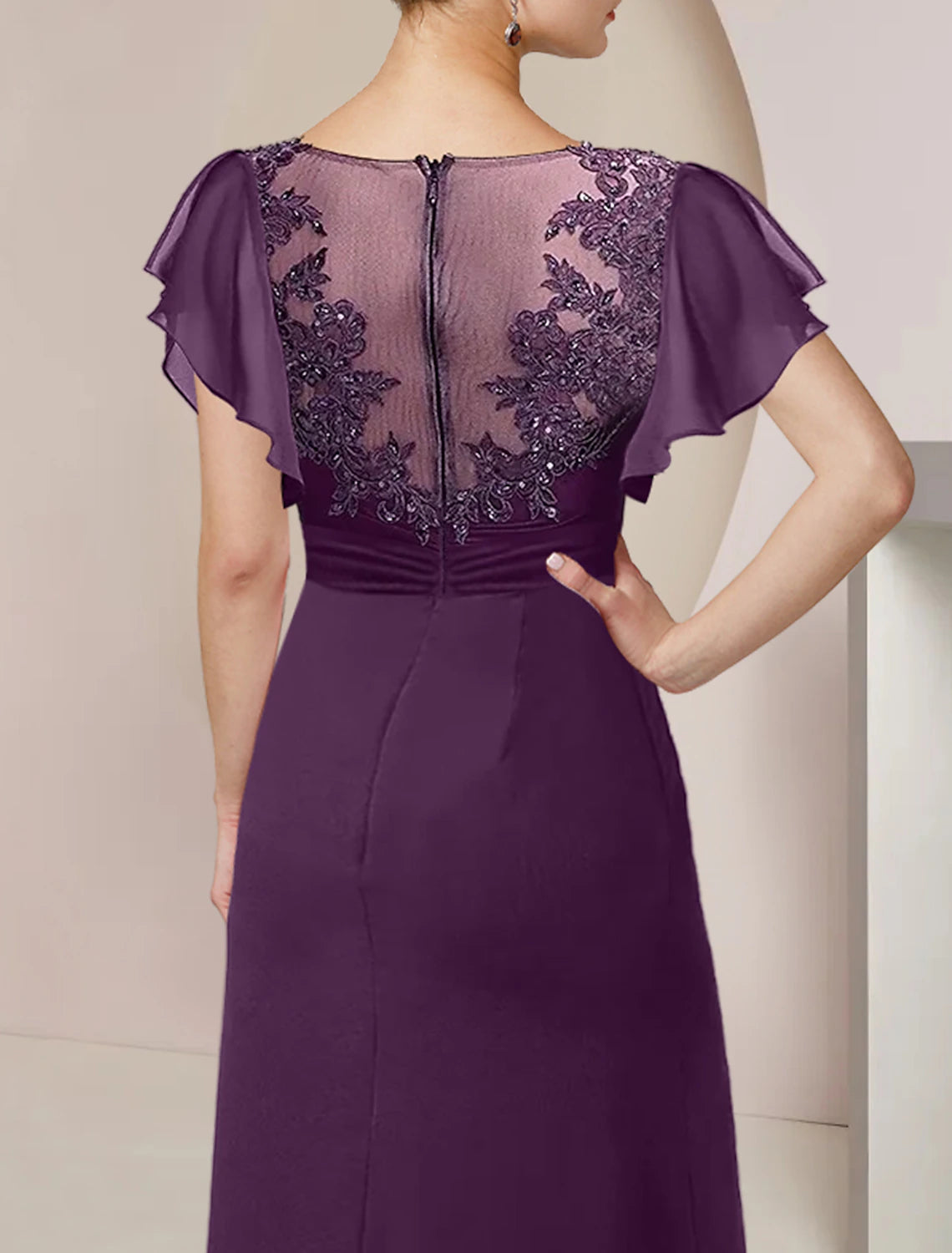 A-Line Mother of the Bride Dress Formal Wedding Guest Elegant Scoop Neck Tea Length Chiffon Lace 3/4 Length Sleeve with Beading Sequin Appliques