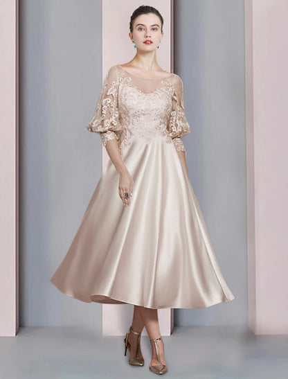 A-Line Mother of the Bride Dress Formal Elegant Scoop Neck Tea Length Satin Lace 3/4 Length Sleeve with Appliques