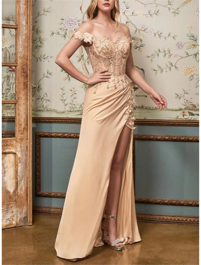 A-Line Evening Gown Glittering Dress Graduation Prom Sweep / Brush Train Sleeveless Off Shoulder Satin with Sequin Slit Embroidery