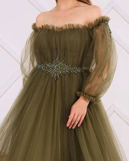 A-line Tulle Long Sleeve Off-Shoulder Prom Dresses