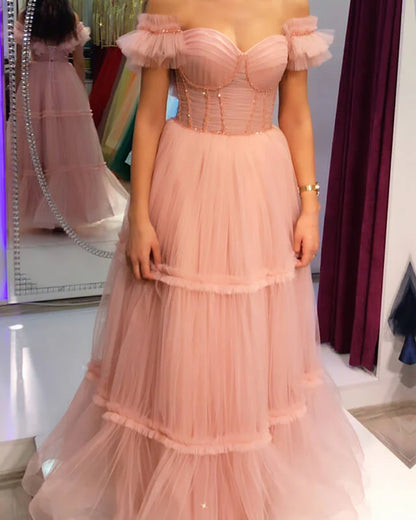 A-line Tiered Tulle Corset Prom Dresses