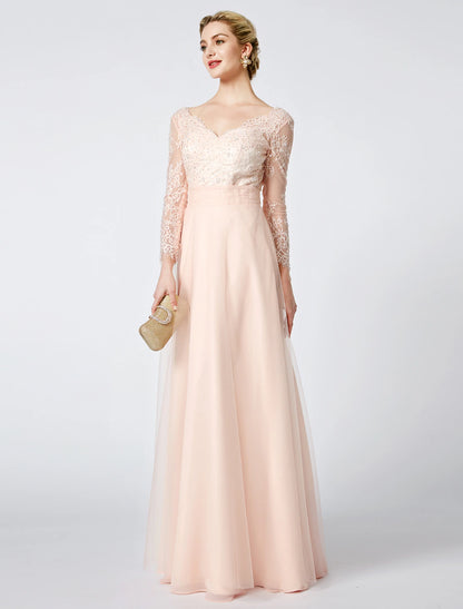 Ball Gown Pastel Colors Dress Holiday Cocktail Party Floor Length Long Sleeve V Neck Tulle Low Back with Beading Appliques