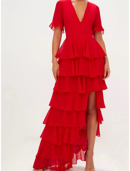 A-Line Evening Dress Red Green Dress Elegant Wedding Guest Formal V Neck Short Sleeve Floor Length Chiffon with Ruffles Tier