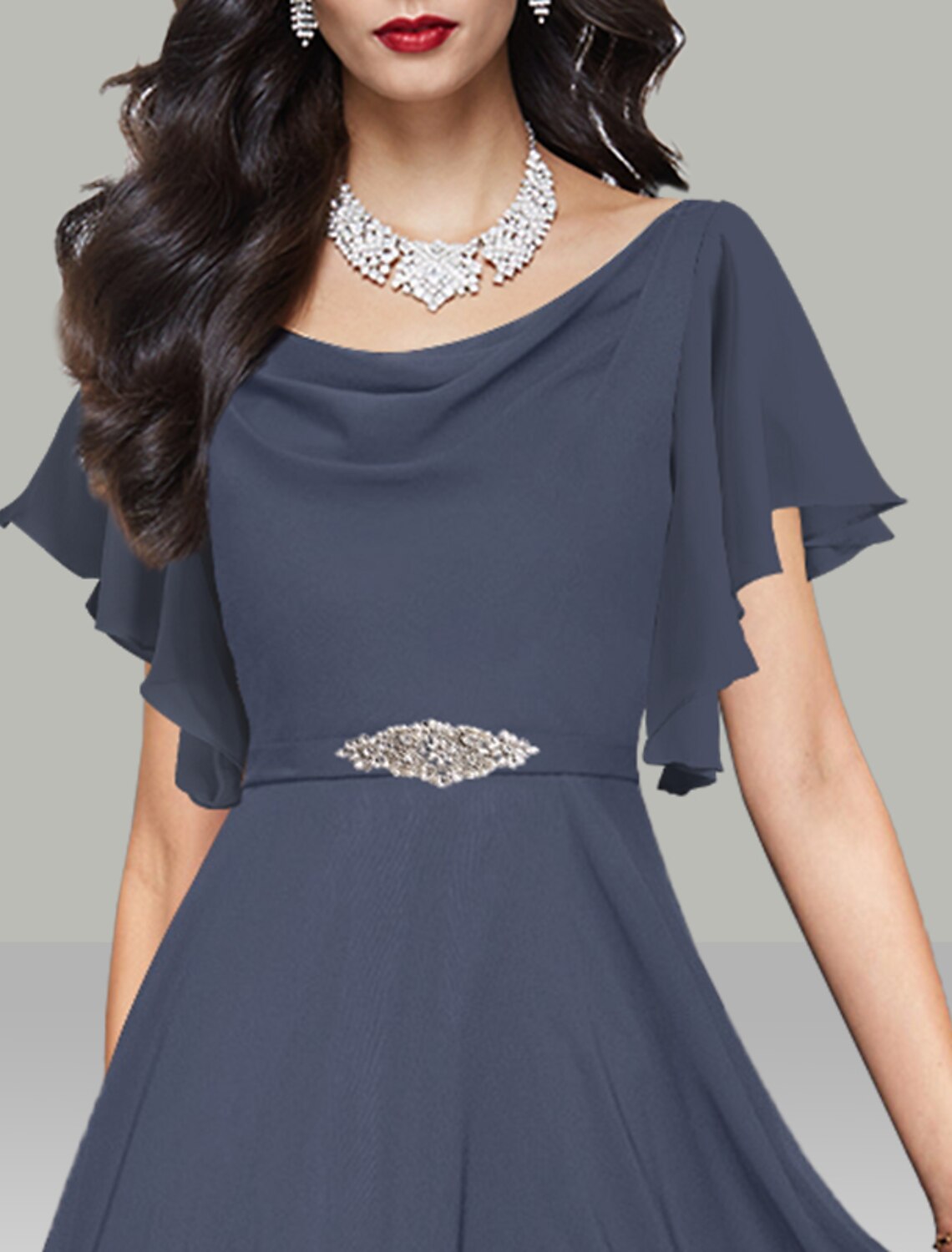 A-Line Wedding Guest Dresses Elegant Dress Cocktail Party Tea Length Short Sleeve Cowl Neck Belt / Sash Chiffon with Rhinestone