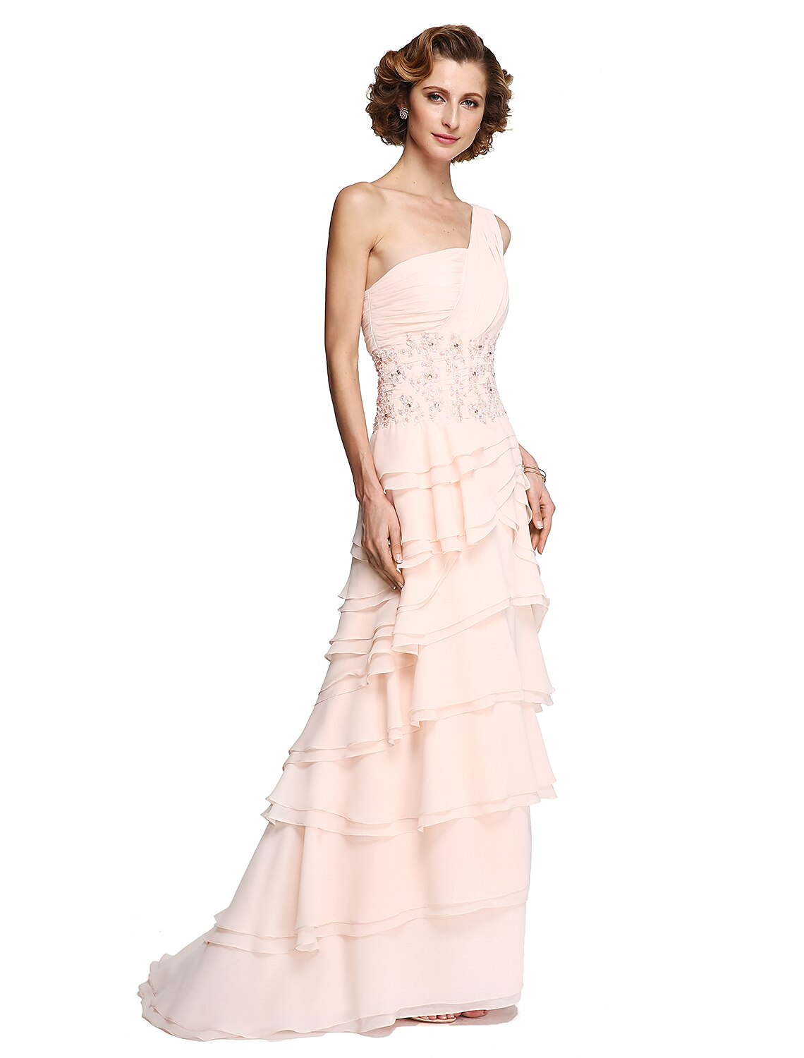 A-Line Mother of the Bride Dress Elegant One Shoulder Floor Length Chiffon Lace Sleeveless No with Pleats Ruched Beading