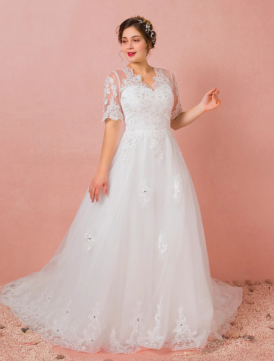 Hall Wedding Dresses A-Line V Neck Half Sleeve Cathedral Train Satin Bridal Gowns With Lace Crystals