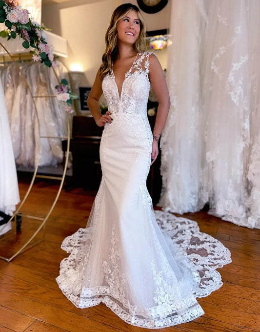 Mermaid V Neck Appliques Train Wedding Dress