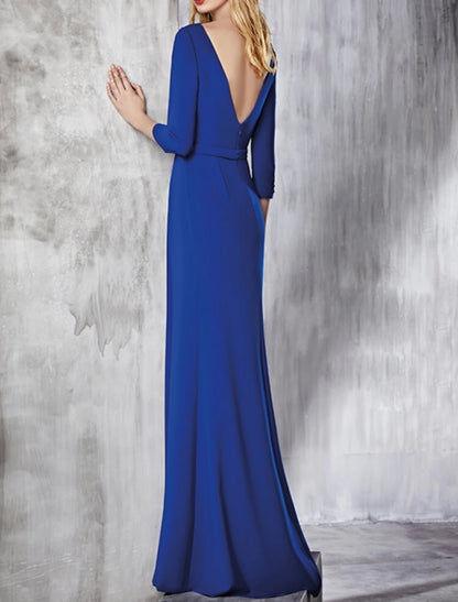 Sheath / Column Elegant Wedding Guest Formal Evening Dress V Neck 3/4 Length Sleeve Floor Length Polyester with Draping Slit