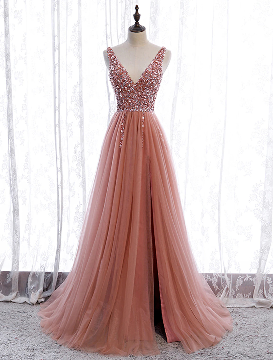 A-Line Prom Dresses Elegant Dress Party Wear Court Train Sleeveless V Neck Polyester with Pearls Embroidery