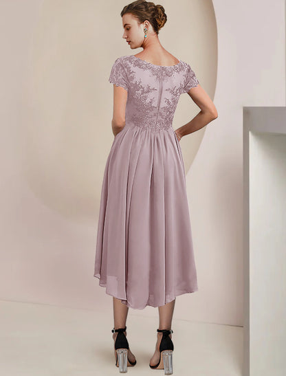 Two Piece A-Line Mother of the Bride Dress Formal Wedding Guest Elegant V Neck Asymmetrical Tea Length Chiffon Lace Short Sleeve Wrap Included with Pleats Applique