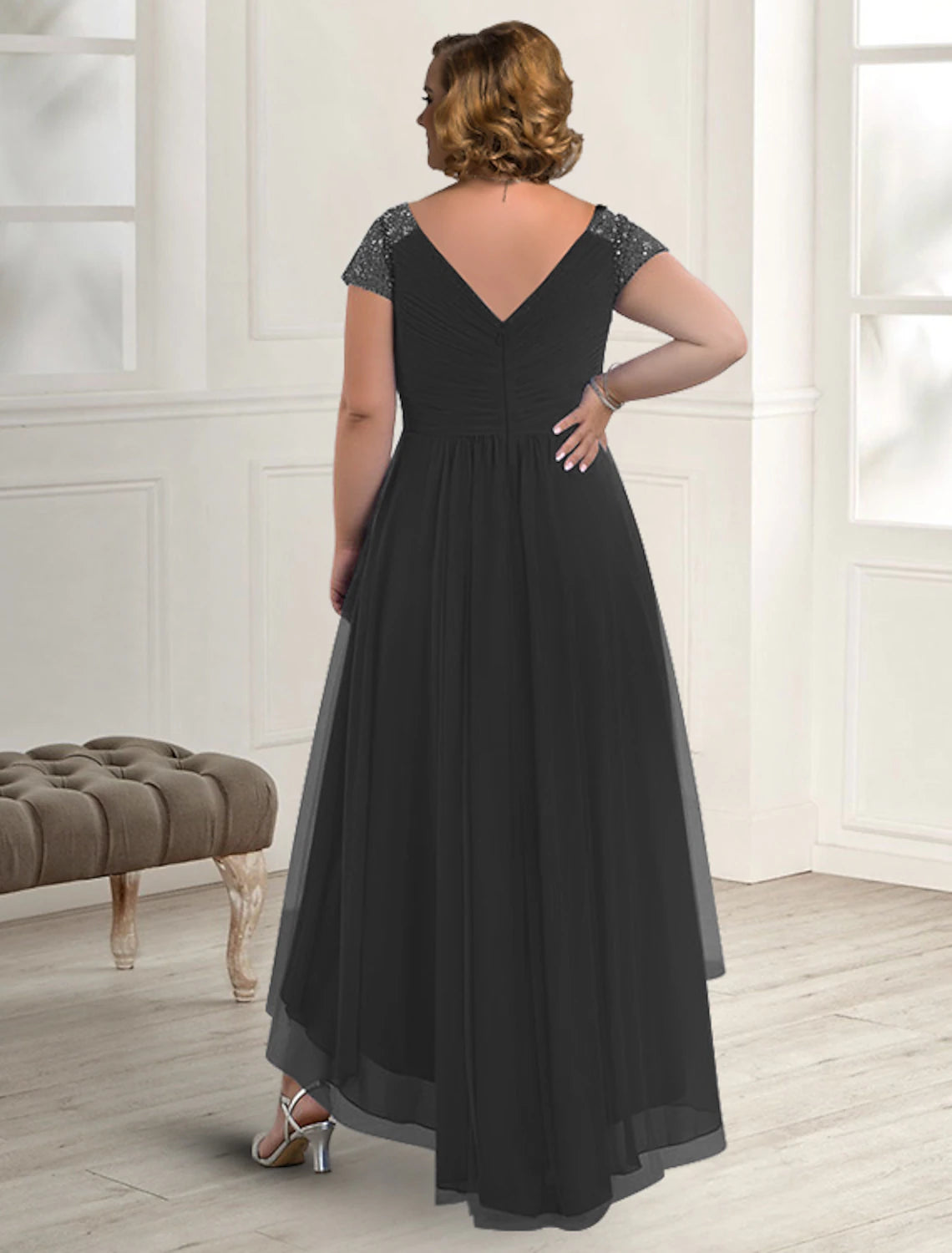 A-Line Mother of the Bride Dress Plus Size Elegant High Low V Neck Asymmetrical Floor Length Chiffon Short Sleeve with Pleats Beading