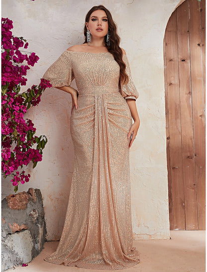 A-Line Wedding Guest Dresses Sparkle Plus Size Dress Sequin Formal Evening Party Dress Floor Length Long Sleeve Off Shoulder