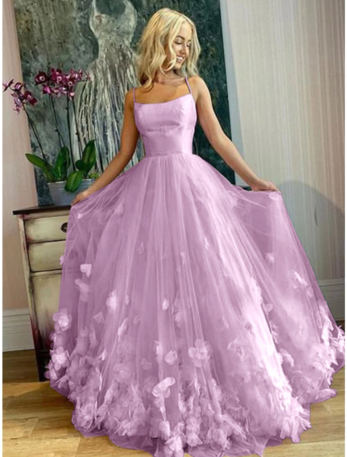 A-Line Prom Dresses Floral Dress Performance Sweet 16 Floor Length Sleeveless Spaghetti Strap Tulle with Pleats Appliques