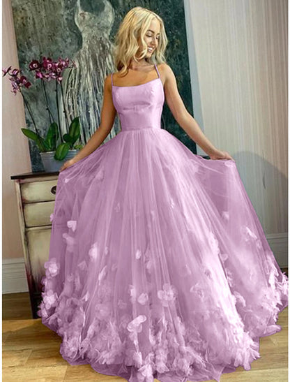 A-Line Prom Dresses Floral Dress Performance Sweet 16 Floor Length Sleeveless Spaghetti Strap Tulle with Pleats Appliques