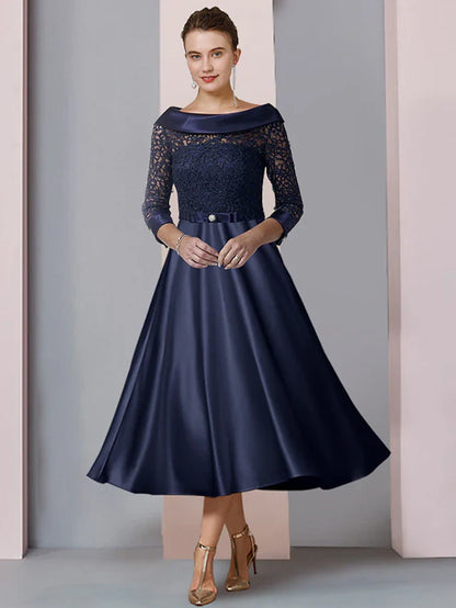 A-Line Mother of the Bride Dress Formal Wedding Guest Party Elegant Scoop Neck Tea Length Satin Lace 3/4 Length Sleeve with Bow(s) Pleats Appliques