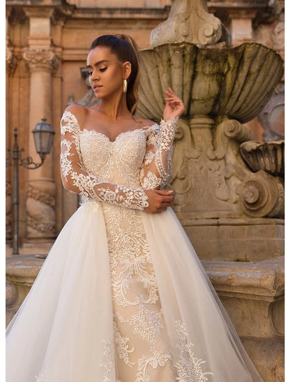 Engagement Formal Fall Wedding Dresses Two Piece Sweetheart Long Sleeve Court Train Lace Outdoor Bridal Gowns With Appliques