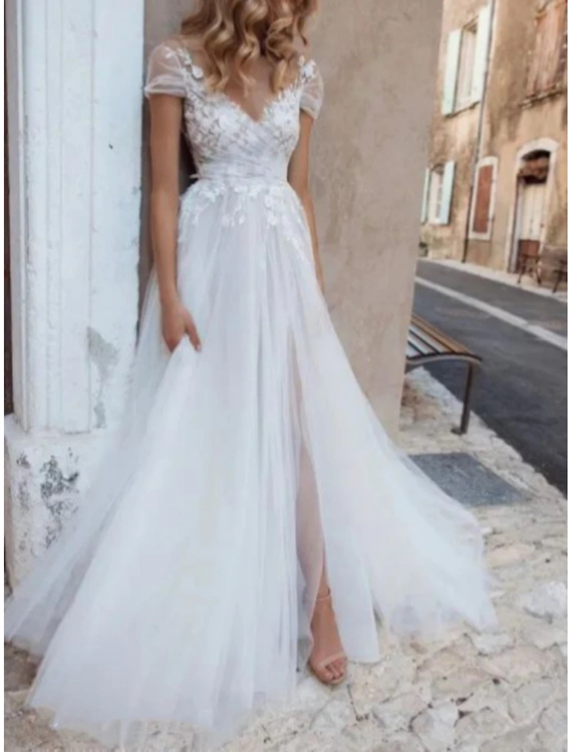 Beach Formal Wedding Dresses A-Line V Neck Short Sleeve Sweep / Brush Train Lace Bridal Gowns With Pleats Appliques