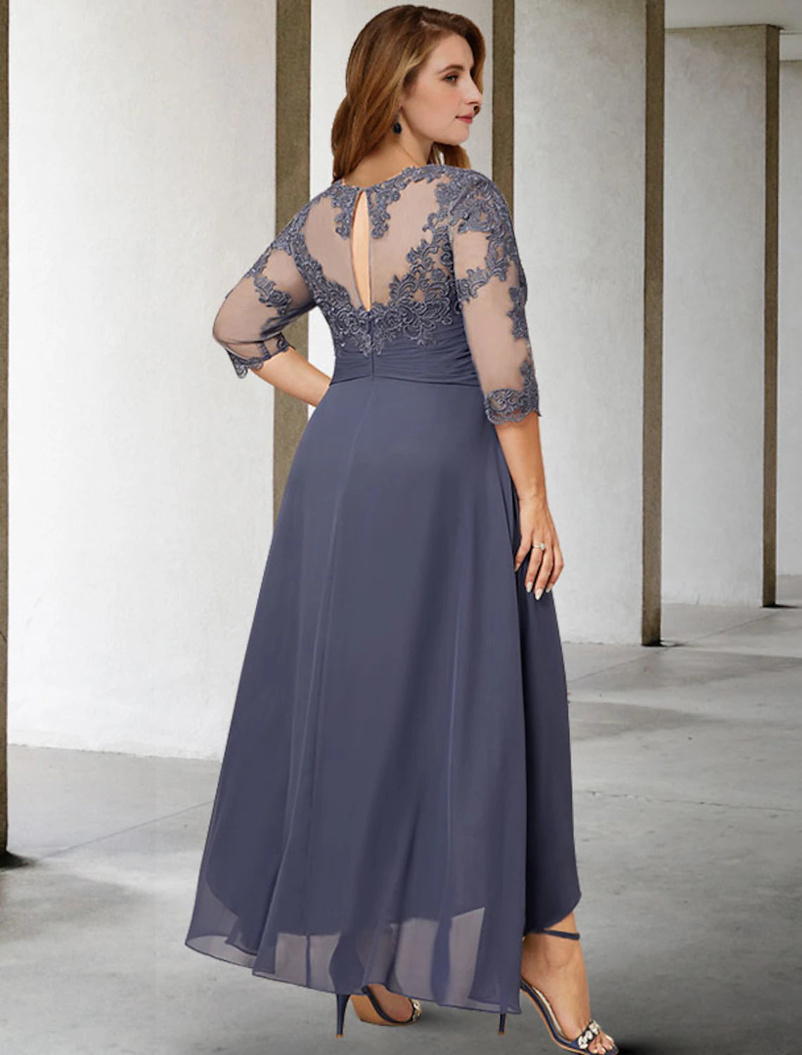 A-Line Plus Size Curve Mother of the Bride Dresses Elegant Dress Formal Asymmetrical 3/4 Length Sleeve Jewel Neck Chiffon with Pleats Ruched Appliques