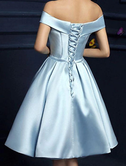 A-Line Cocktail Dresses Vintage Dress Homecoming Engagement Knee Length Sleeveless Off Shoulder Satin with Pleats