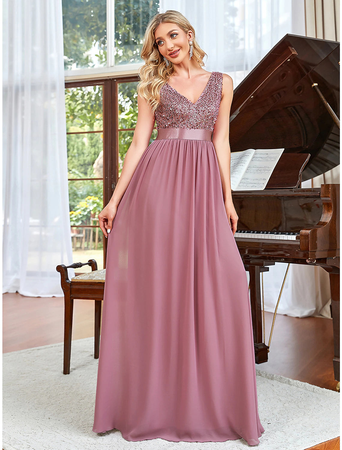 A-Line Prom Dresses Elegant Dress Wedding Guest Floor Length Sleeveless V Neck Chiffon V Back with Draping