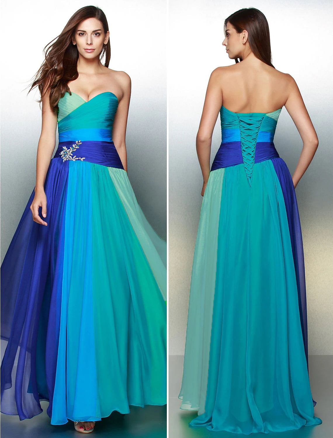 A-Line Color Block Dress Wedding Guest Floor Length Sleeveless Sweetheart Chiffon Backless with Ruched Crystals