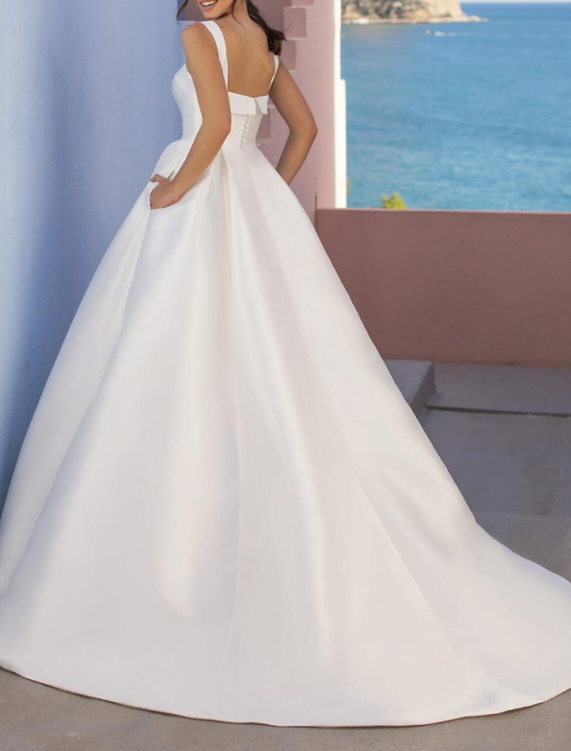 Hall Casual Wedding Dresses A-Line Square Neck Regular Straps Sweep / Brush Train Satin Bridal Gowns With Pleats