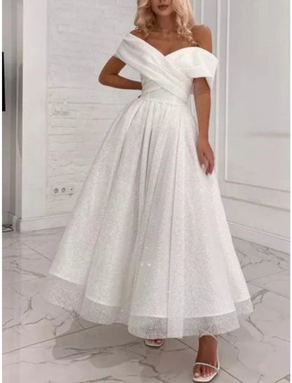 Formal Wedding Dresses A-Line Off Shoulder Short Sleeve Ankle Length Lace Bridal Gowns With Pleats Ruched