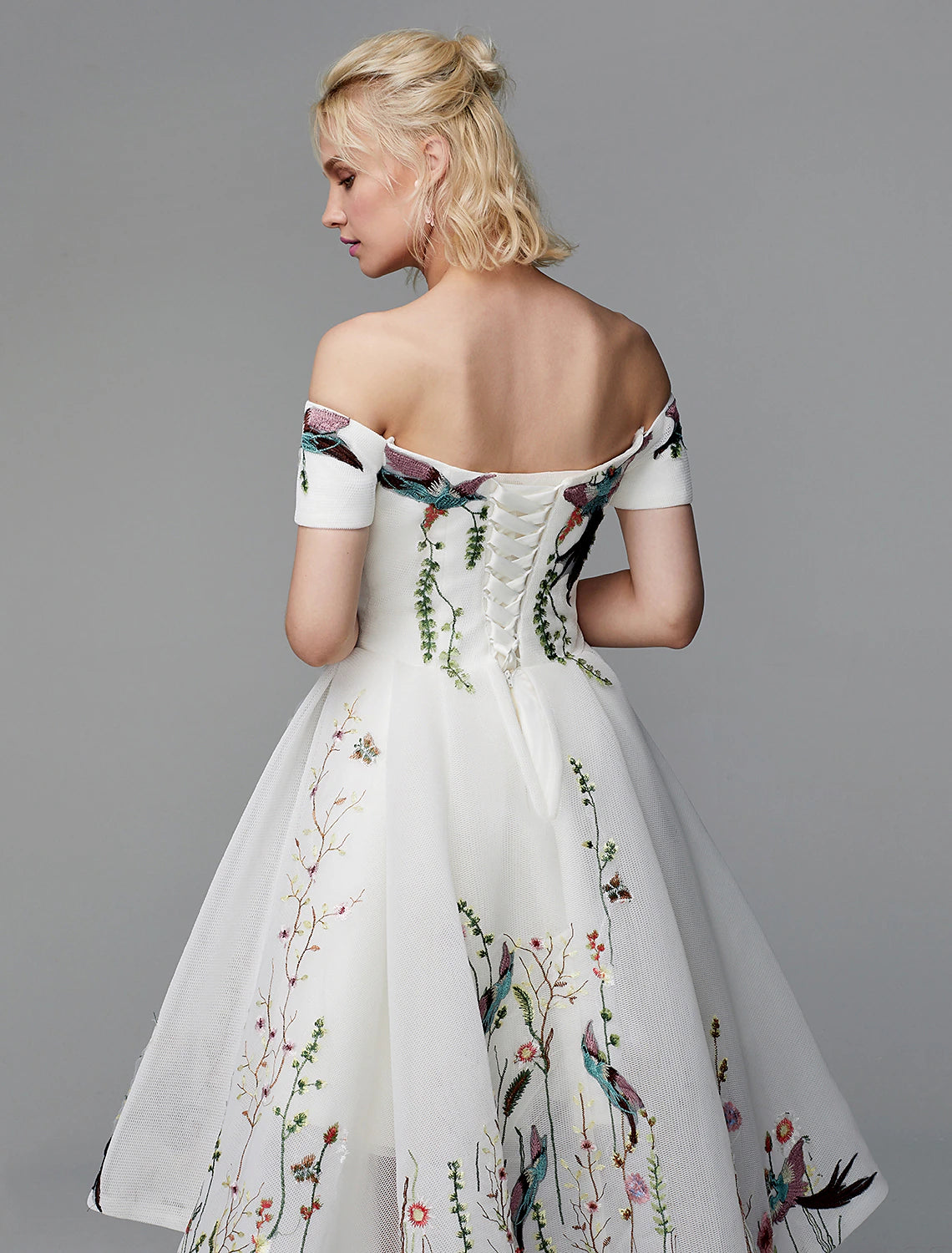 Ball Gown Cute Dress Wedding Guest Cocktail Party Asymmetrical Short Sleeve Off Shoulder Polyester with Embroidery