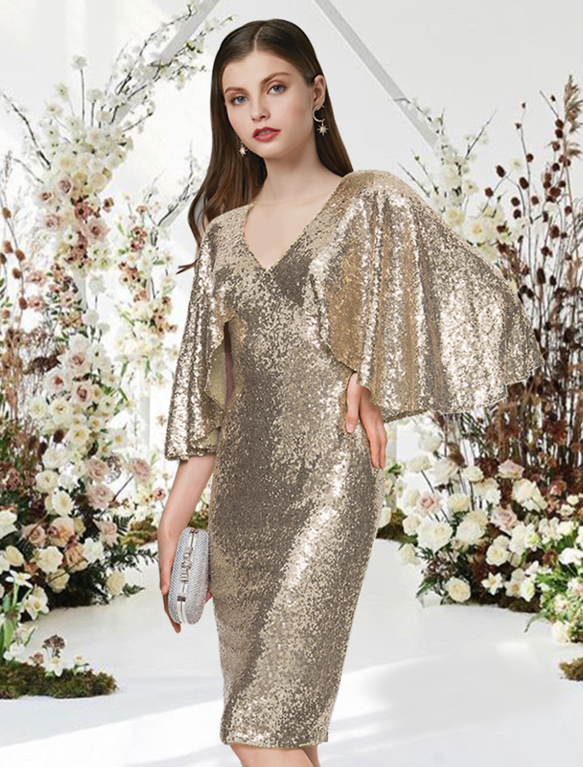 Sheath / Column Cocktail Dresses Glittering Dress Graduation Knee Length Half Sleeve V Neck Sequined with Sleek