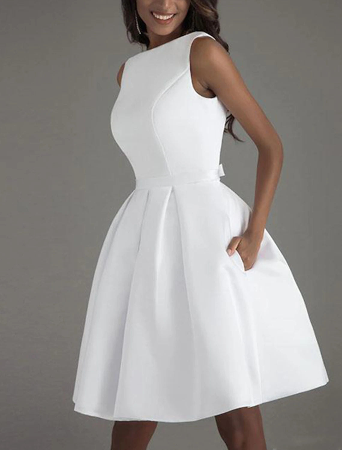 A-Line Cocktail Dresses Minimalist Dress Valentine's Day Wedding Guest Knee Length Sleeveless Boat Neck Satin V Back with Sleek Bow(s) Pure Color